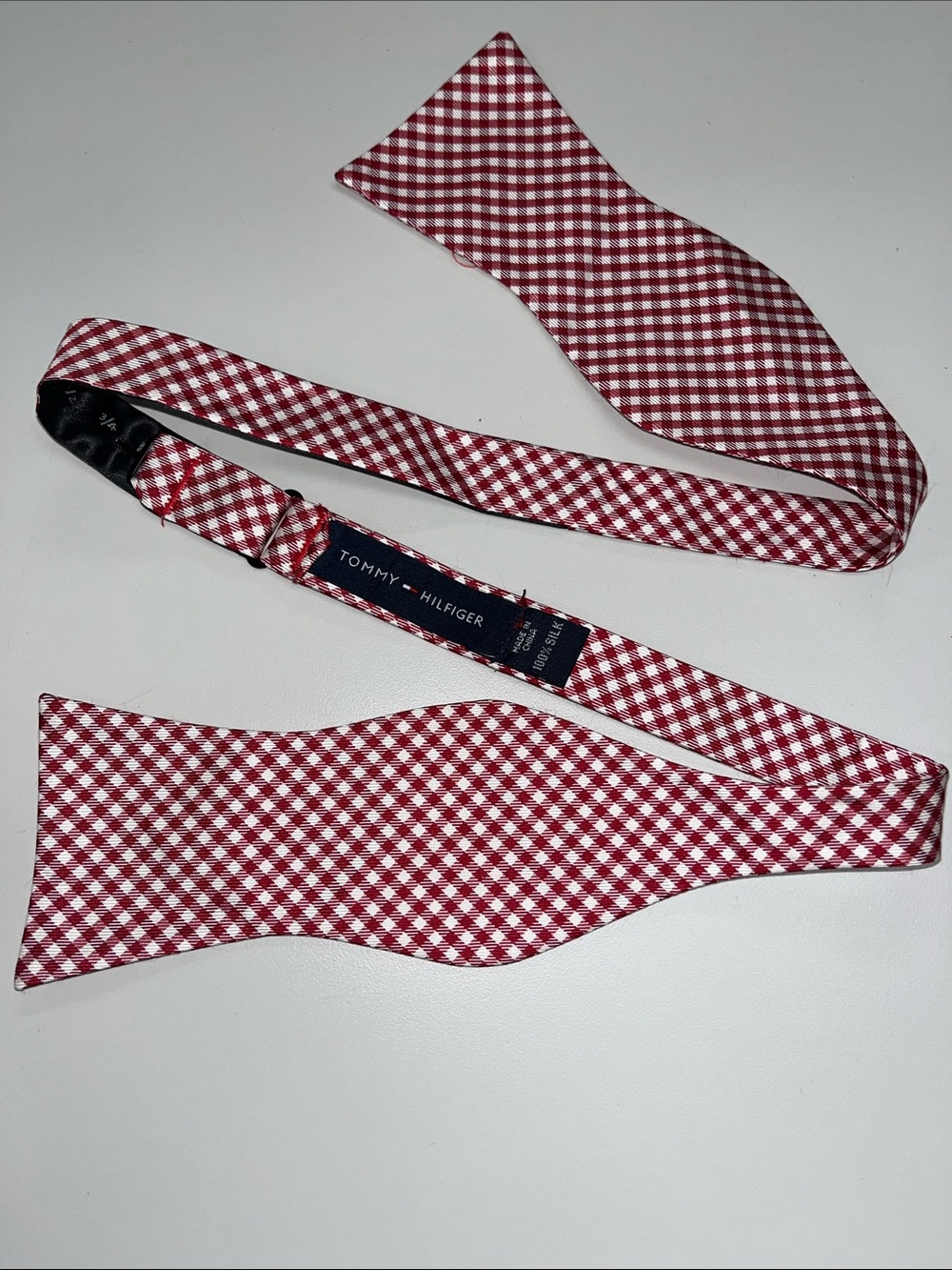 Tommy Hilfiger Silk Adjustable Red and White Gingham Self-Tie Bow Tie